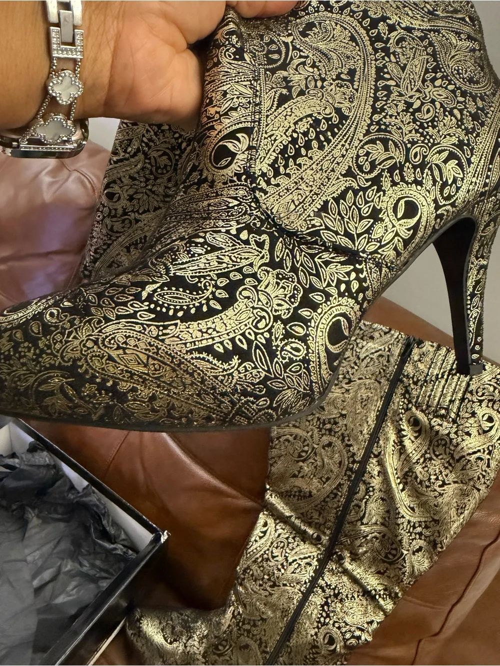 Ashley Stewart Black & Gold Paisley Over-the-Knee Stiletto Boots 10W (Wide Calf)